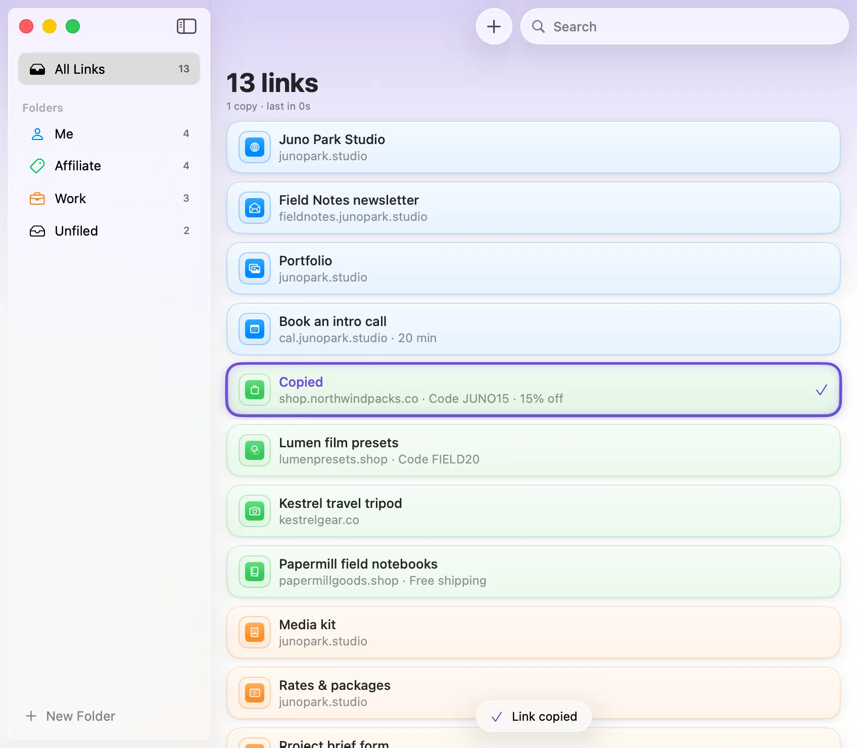 Kepar on the Mac: a list of links in folders, with one just copied, outlined in violet and marked with a check, and Link copied below the list.