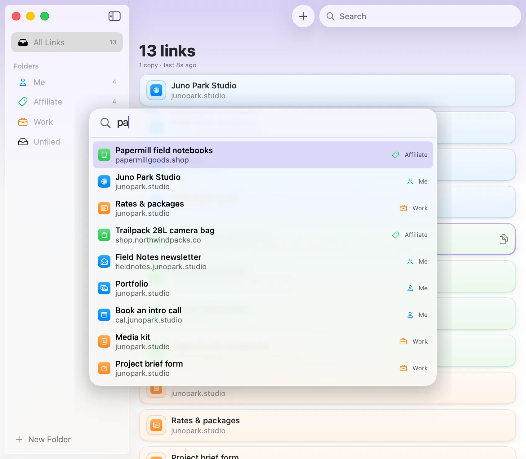 The Kepar quick panel floating over the main window, filtering links as you type.