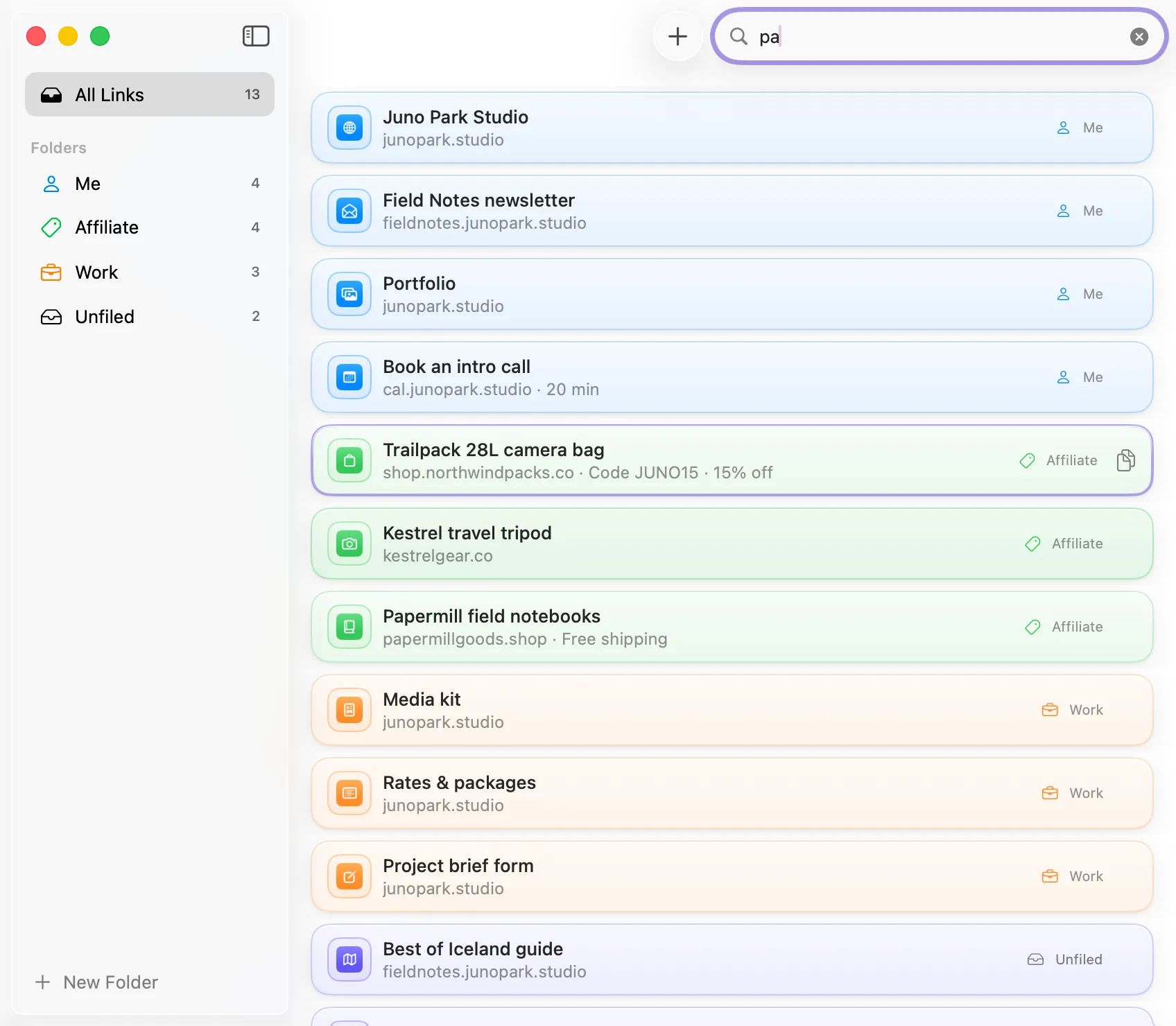 Searching in Kepar: links from every folder, each labelled with its folder.